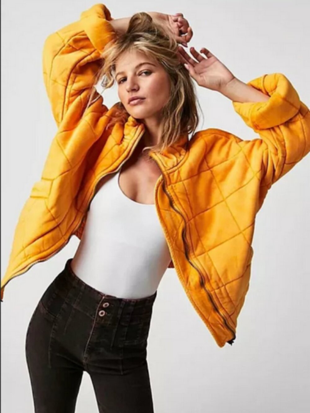 Free People Dolman Quilted Knit Jacket Top Oversized Zip-up Yellow L